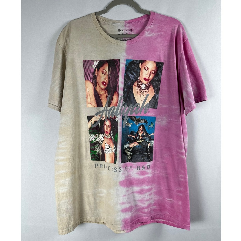 Aaliyah‎ T Shirt Womens XL Pink Tan Tie Dye Graphic Princess of R&B Hip Hop Y2K